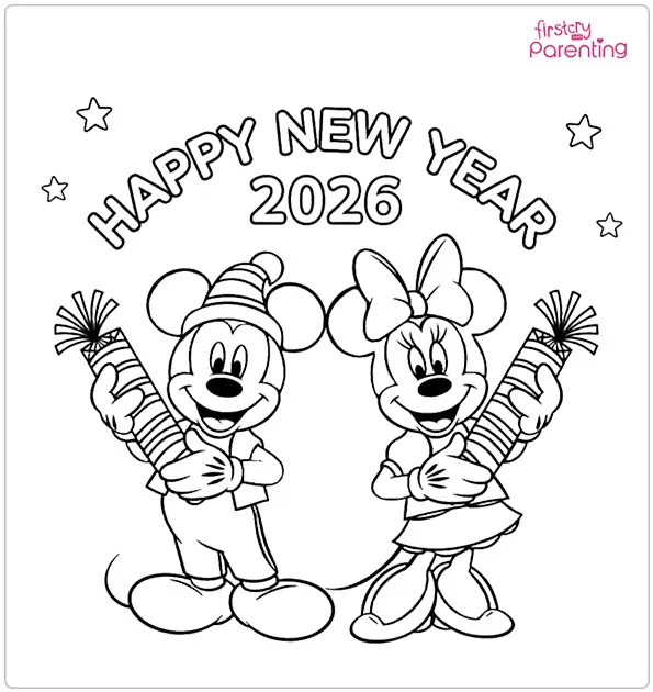 Mickey and Minnie Mouse Celebrating 2026 Colouring Page Mickey and Minnie Mouse Celebrating 2026 Colouring Page