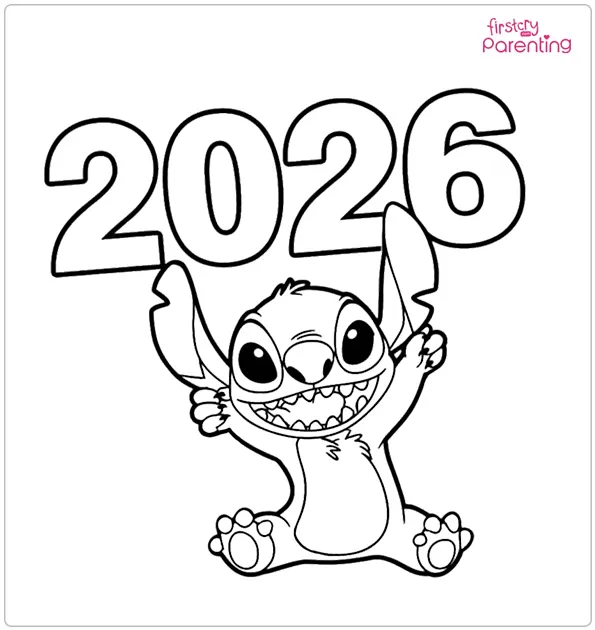 Stitch Celebrating 2026 Colouring Page Stitch Celebrating 2026 Colouring Page