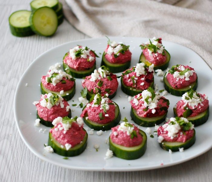 Pink Beetroot Hummus Stuffed Cucumber Cups