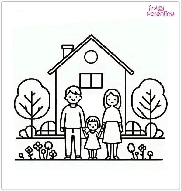 Happy Family near House Coloring Page