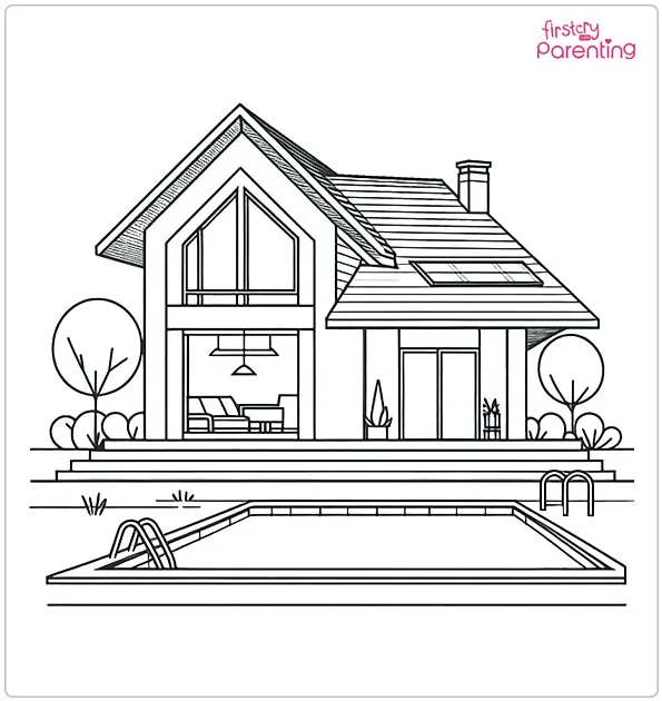 House With Pool Coloring Page