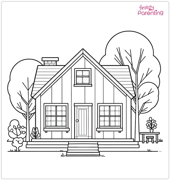 House With Tree Coloring Page