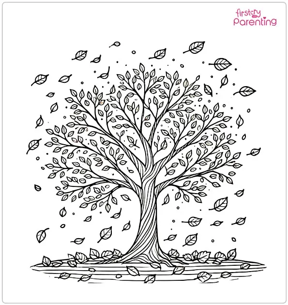 Autumn Tree With Falling Leaves Coloring Page