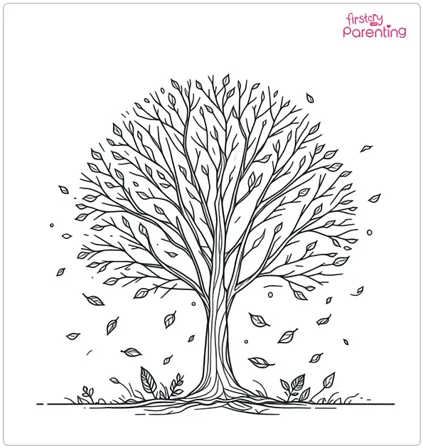 Bare Tree During Autumn With Leaves Falling Off Coloring Page