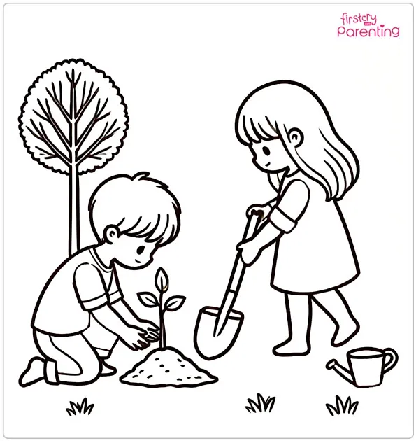 Girl and Boy Planting a Tree Coloring Page