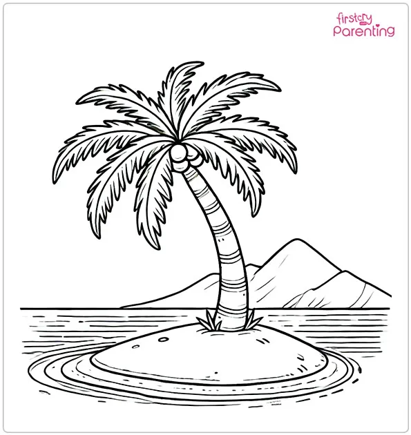 Palm Tree On Island Coloring Page