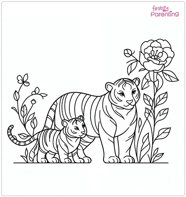 Mom and Baby Tiger Coloring Page