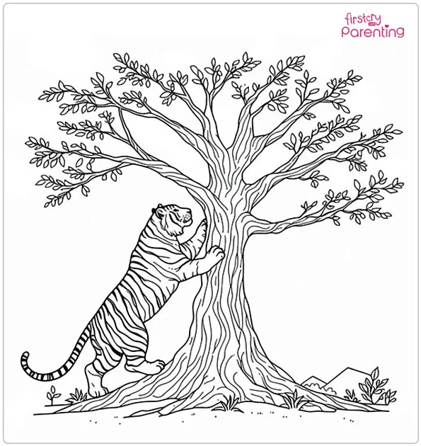 Tiger Climbing Tree Coloring Page