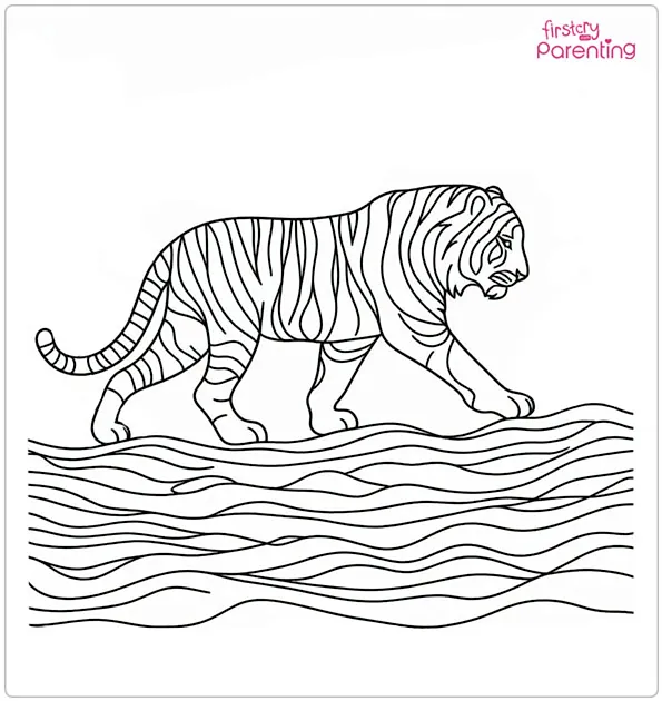 Tiger Crossing River Coloring Page