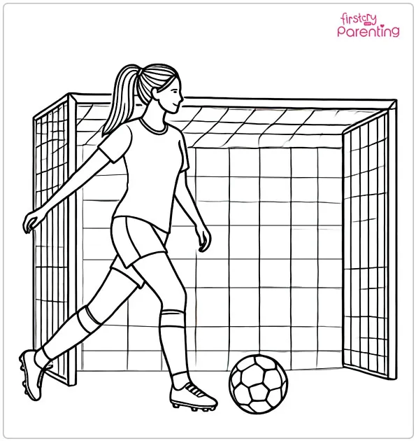 Female Soccer Player In Front of Goal Coloring Page