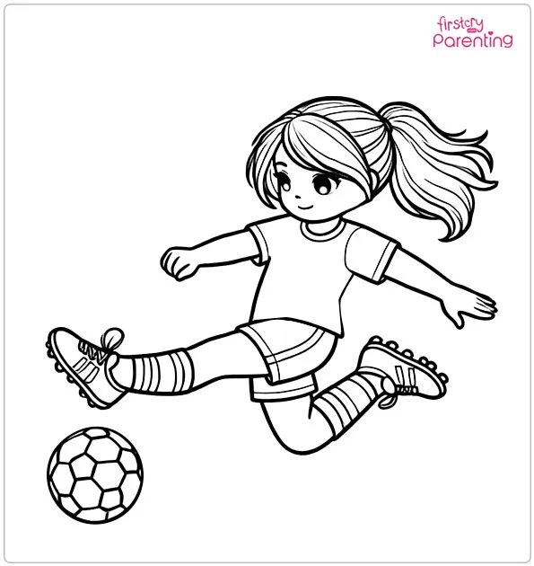 Girl Soccer Player Kicking Ball Coloring Page