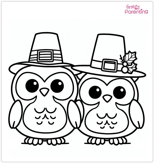 Cartoon Thanksgiving Owls In Hats Coloring Page