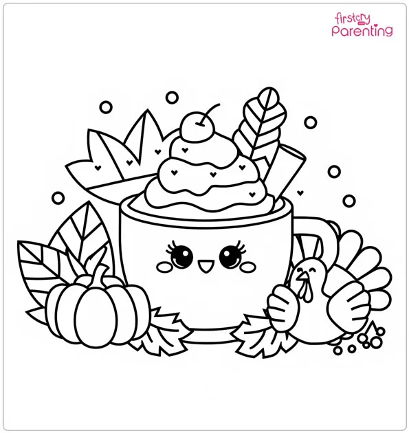 Kawaii Thanksgiving Hot Chocolate Coloring Page