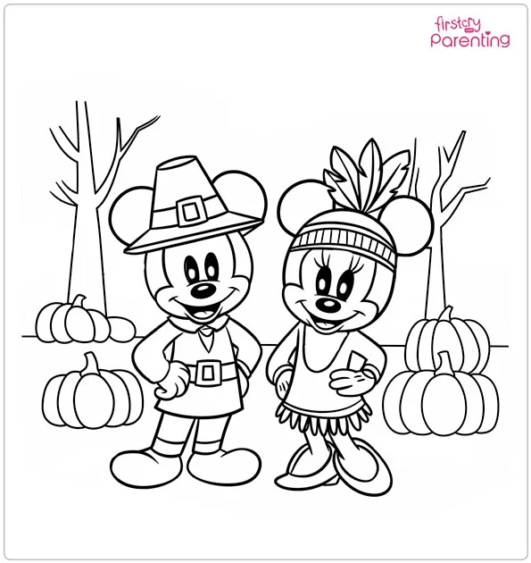 Mickey And Minnie Mouse In Thanksgiving Costumes Coloring Page