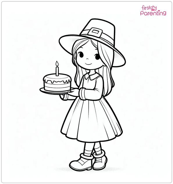 Pilgrim Girl Holds a Cake Coloring Page