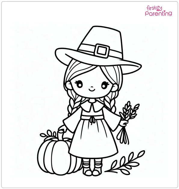 Pilgrim Girl with a Pumpkin Coloring Page