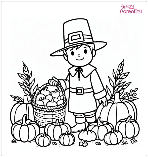 Pilgrim Harvests Pumpkins Coloring Page