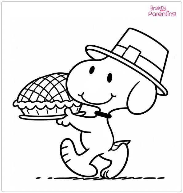 Snoopy Carrying Thanksgiving Pie Coloring Page