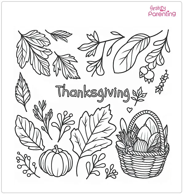 Thanksgiving Outline With Autumn Leaves Coloring Page