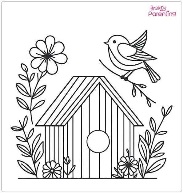 Bird House With Flowers And Bird Coloring Page