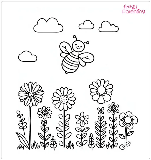 Flowers & Bee Coloring Page