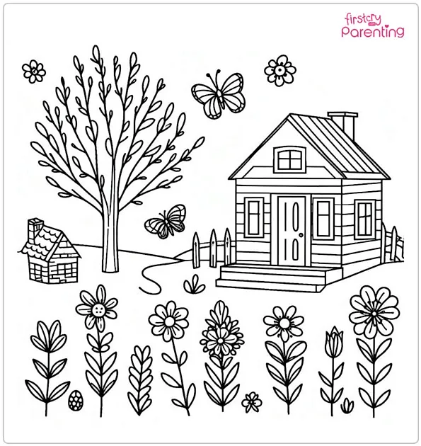 Spring, Flowers, Butterflies, and House Coloring Page