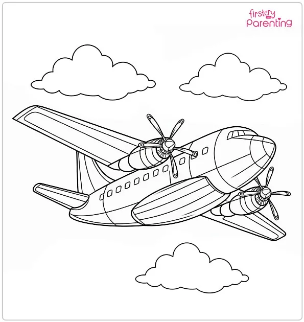 Airplane and Clouds Coloring Page