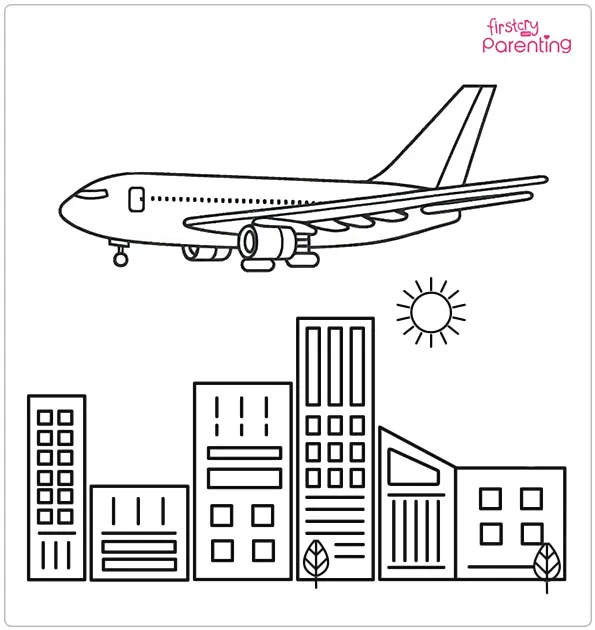 Airplane Over the City Coloring Page