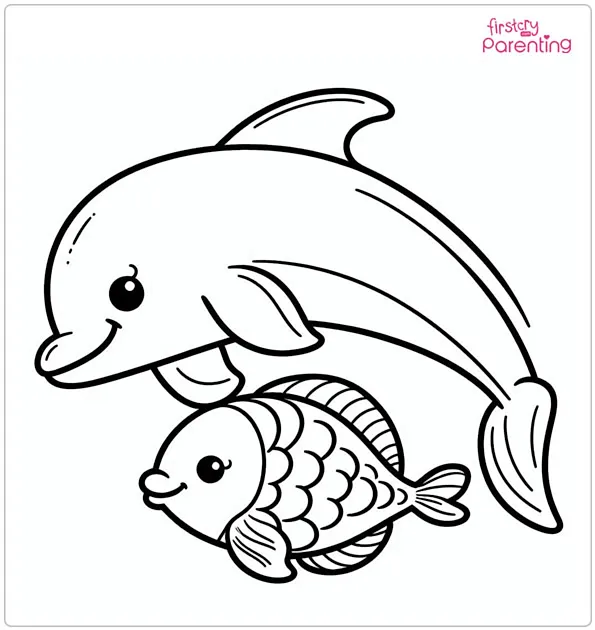 Fish and a Dolphin Coloring Page