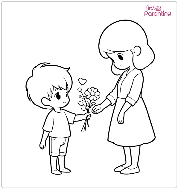 Boy Giving Flower to Mom Coloring Page