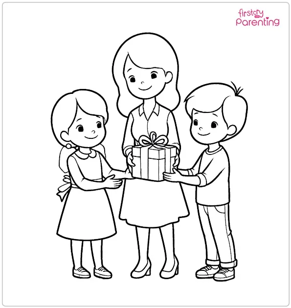 Children Giving Gift To Mother Coloring Page