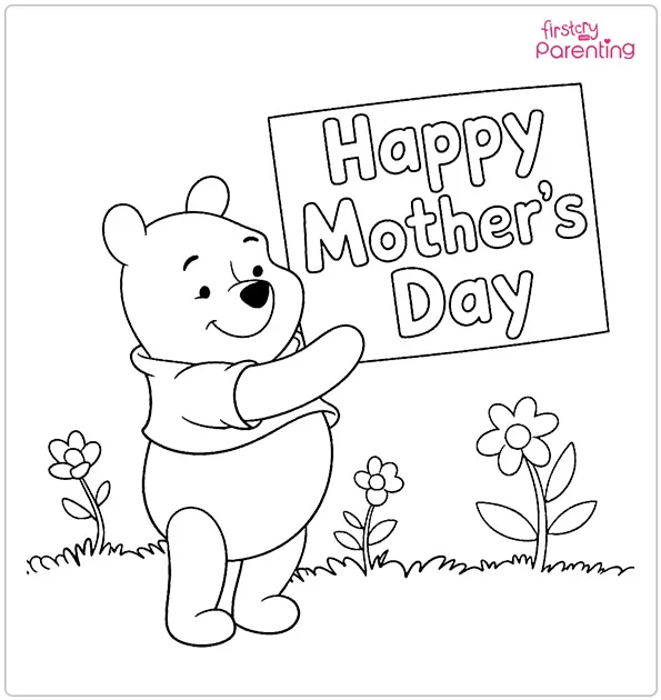 Winnie The Pooh Holding Up A Mother’s Day Sign Coloring Page