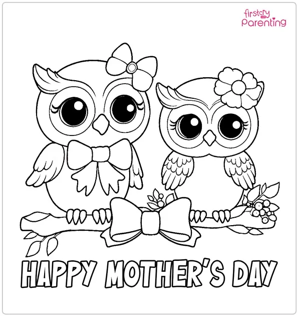 Happy Mother’s Day with Two Owls Coloring Page