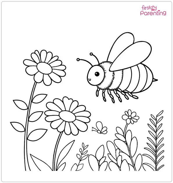 Bee Flying Near a Flower in May Coloring Page