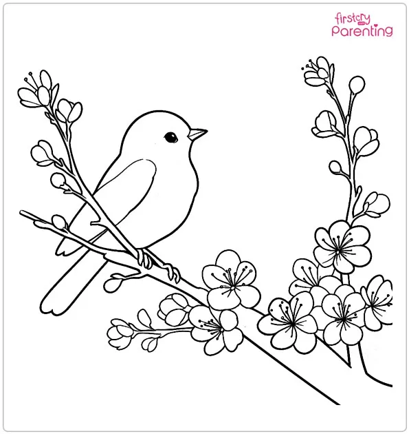 Bird Sitting in a Blooming Tree May Coloring Page