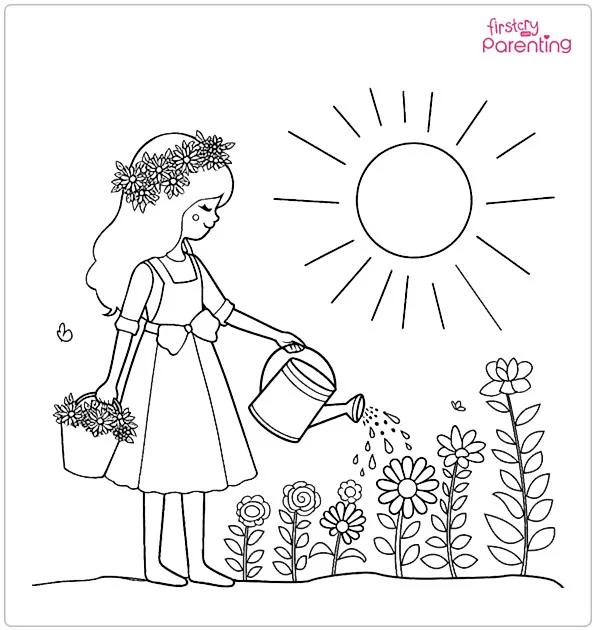 Girl Watering the Flowers in May Coloring Page