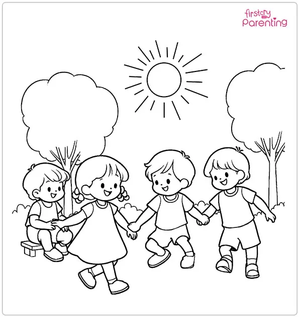 Kids Playing Outside in Sunny Weather May Coloring Page