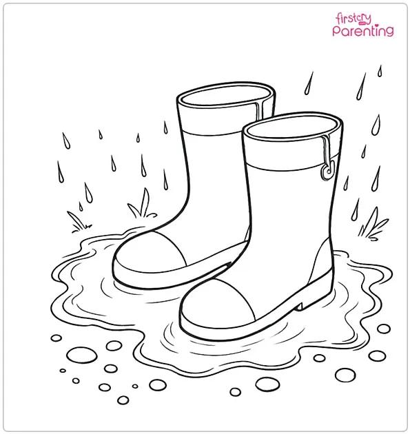 Rain Boots and Puddles in Spring Weather Coloring Page