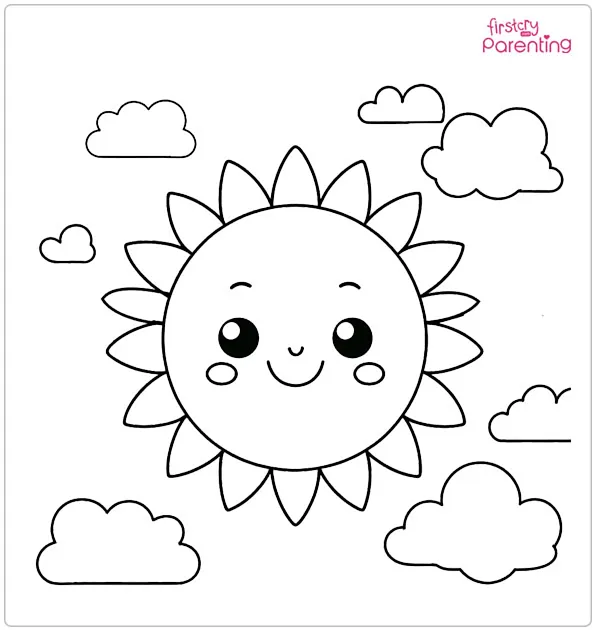 Sun With Smiling Face and Clouds May Coloring Page