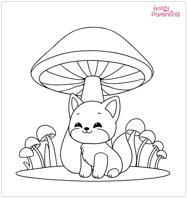 Baby Fox Near Mushroom Coloring Page