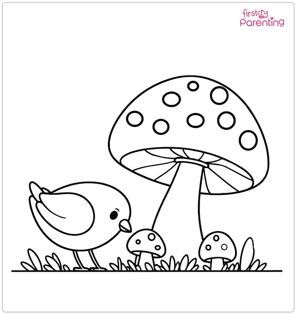Bird Pecking at a Mushroom Coloring Page