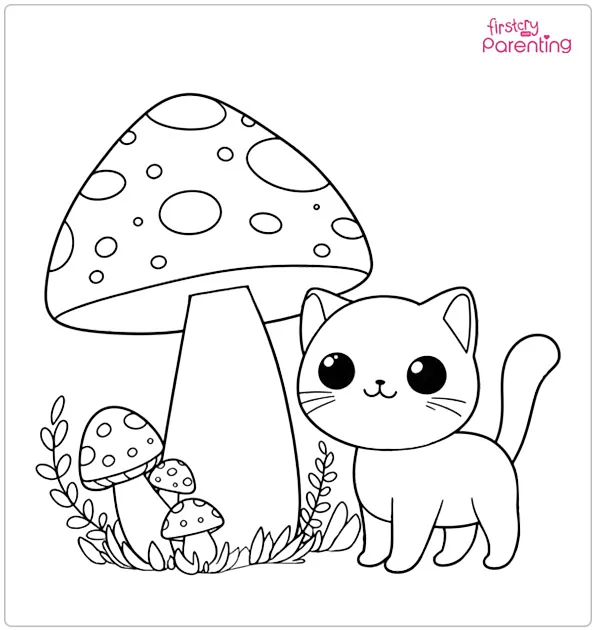 Cat and Mushrooms Coloring Page