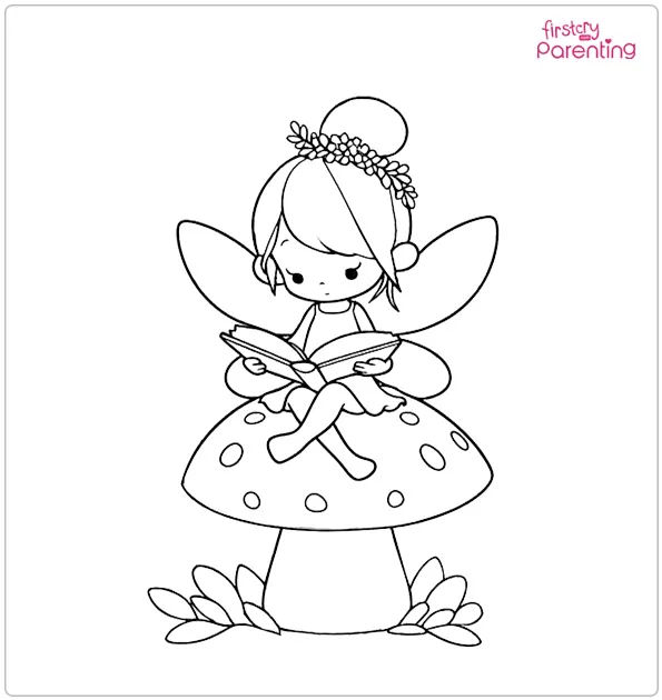 Fairy Reading On Mushroom Coloring Page