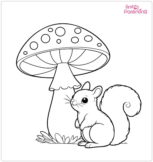 Squirrel and a Giant Mushroom Coloring Page