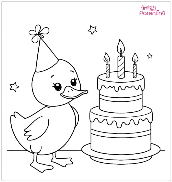 Duck with Birthday Cake Coloring Page Duck with Birthday Cake Coloring Page