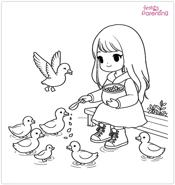 Girl Feeding The Ducks Coloring Page Girl Feeding The Ducks Coloring Page