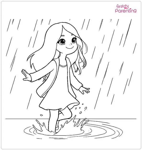 Girl Splashing in Puddles Coloring Page