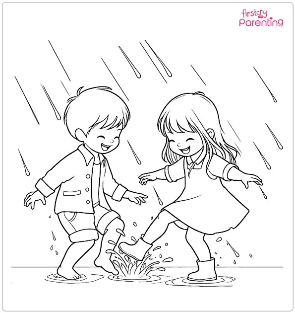 Kids in the Rain Coloring Page