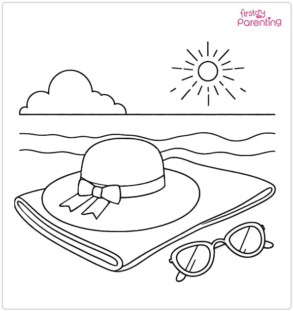 Sun Hat And Sunglasses On A Towel Coloring Page