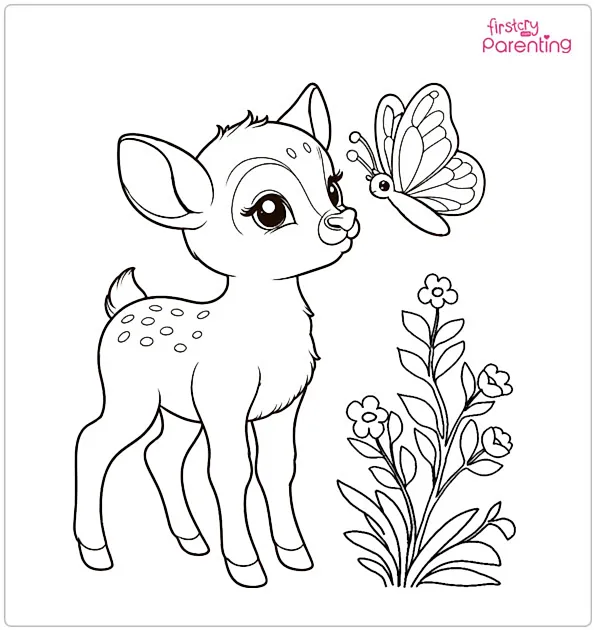 Baby Deer with Butterfly Coloring Page